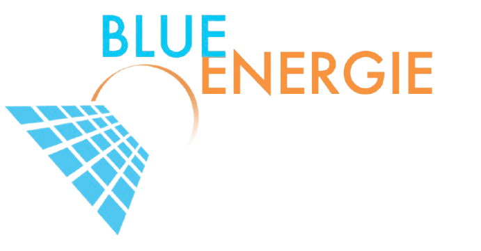 Blue Energie logo - stylized solar panel in light blue with company name in blue and orange